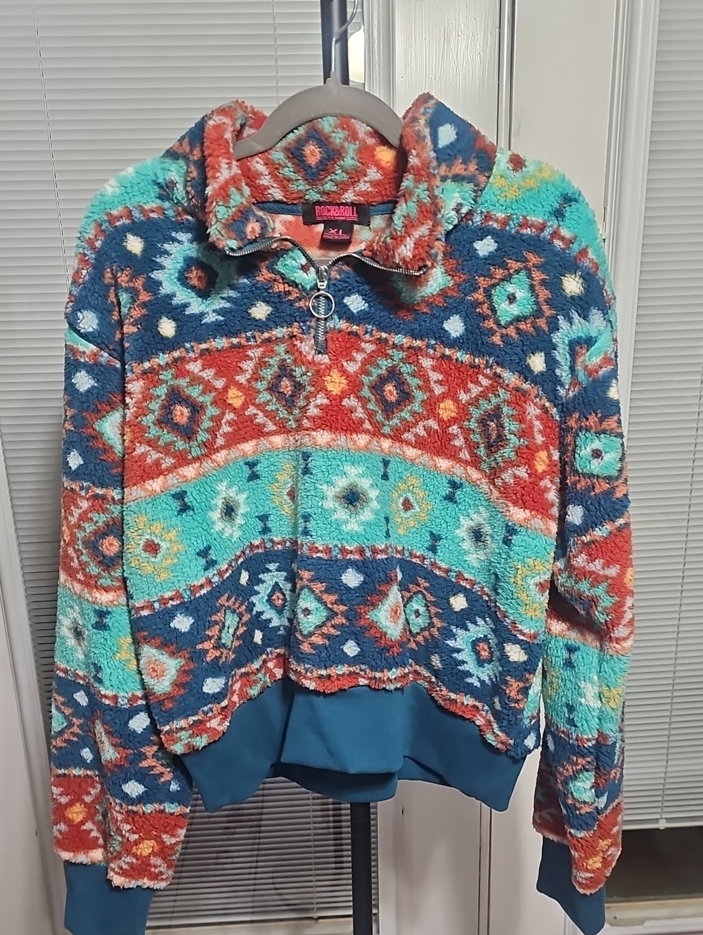 Rock & Roll Cowgirl Turquoise Multi-Color Fuzzy Half-Zip Hoodie